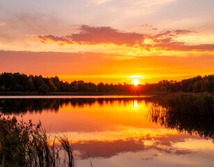 Obraz premium Golden sunset over a tranquil lake