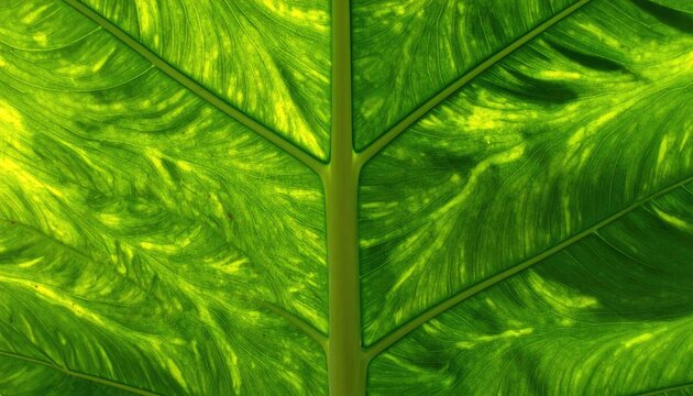 Abstract Close Up of Green Leaf Veins Texture Backlit by Sunlight Showing Intricate Pattern