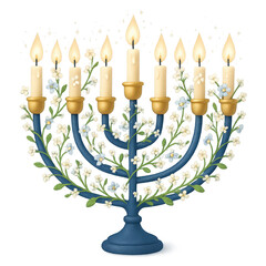 Magical glowing menorah with blue and yellow candles for festive transparent Hanukkah design.