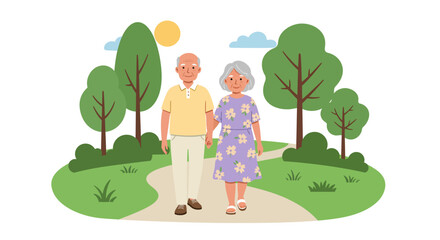 Elderly couple walking hand in hand through a lush green park on a sunny day