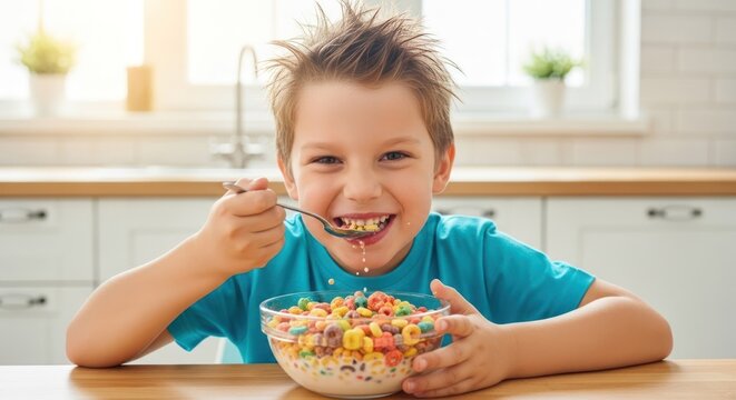 A young boy eating cereal from a bowl in a kitchen.