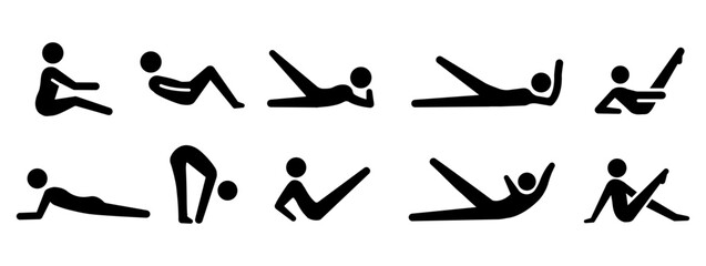 
An illustration depicting a set of yoga and Pilates poses icons on a white background