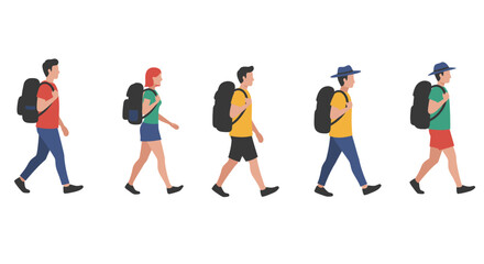 Fototapeta premium Five hikers backpacking walking in a row different outfits adventure travel