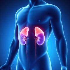 Human torso with highlighted adrenal glands showing cortisol production area, glowing anatomical concept for stress and hormonal function, Selective Focus