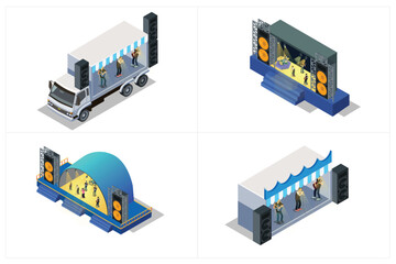 illustration set of isometric music stages, white background suitable for picture book assets, games and related assets