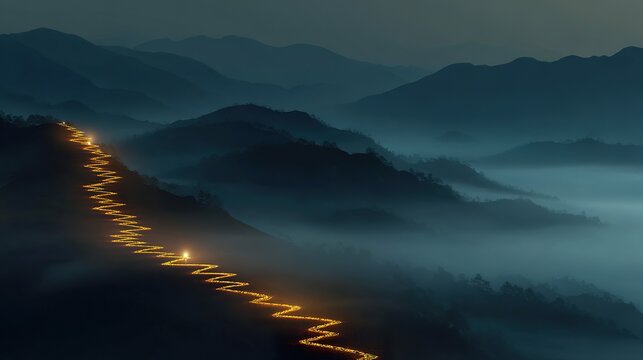Glowing footprints ascending misty mountains, representing the challenging path of personal health journeys