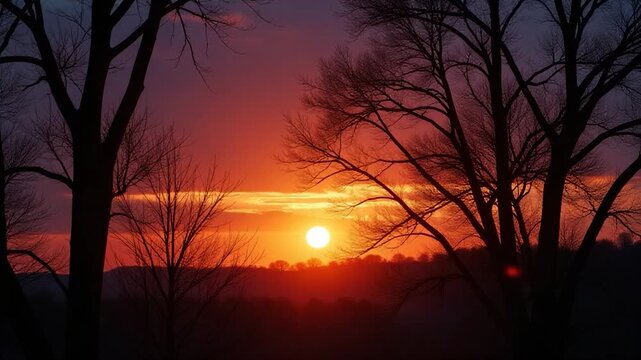  sun setting behind a row of trees, with warm light and long shadows