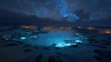 An otherworldly crater illuminated by glowing preservation symbols beneath a meteor shower