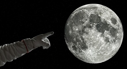 Astronaut hand pointing toward moon in dark starry night sky. Space exploration and cosmic discovery concept. Future of lunar missions.