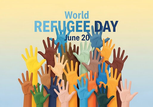 A diverse group of colorful hands raised in unity for world refugee day, symbolizing hope, support, and solidarity for refugees on june 20th