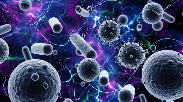 Illustration of Microorganisms and Viral Particles in a Dynamic Cellular Environment