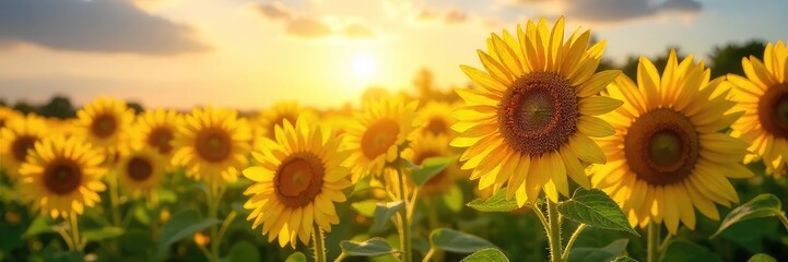 Obraz premium Sunflowers Basking in Golden Sunlight A Serene Summer Field of Vibrant Yellow Blooms Swaying Gently in the Breeze, Picturesque Natural Beauty