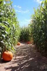 Pumpkins in a cornfield path under blue sky on a sunny autumn day. Corn maze near pumpkin patch. autumn harvest and seasonal farming