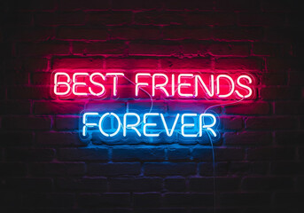 Obraz premium A vibrant neon sign glows against a dark brick wall, displaying the words best friends forever in bright pink and blue, symbolizing lasting friendship