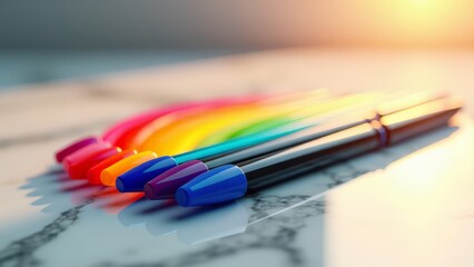 Rainbow colored pens on white marble surface