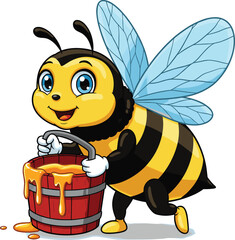 Cute cartoon bee carrying honey bucket, happy insect with dripping honey, adorable bee character, vibrant illustration, nature theme, sweet honey harvest, kid-friendly design.
