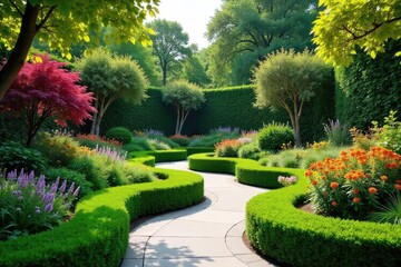 Obraz premium A vibrant, modern garden design featuring sculpted hedges, flowing curves, and a carefully chosen palette of plants creating a stunning landscape artwork , contemporary landscape, mulch