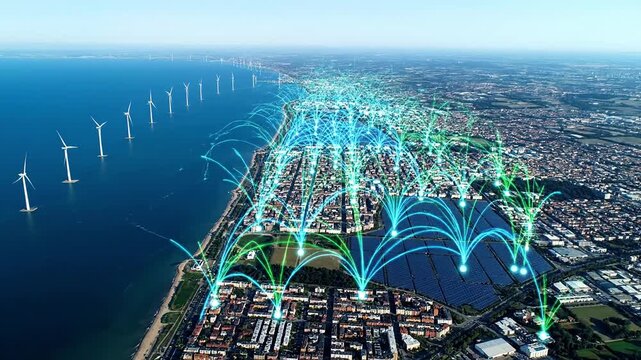 Explore the stunning contrast of the coastline and urban landscape where wind turbines and solar panels contribute to sustainable energy. Experience the harmony between nature and technology.