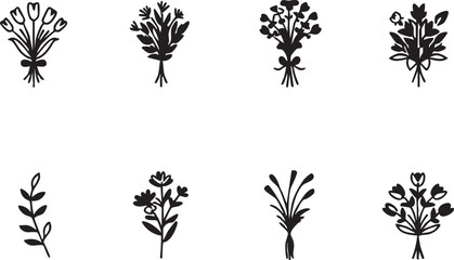 Vector flower bouquet set: floral design elements, black and white clip art eps silhouette