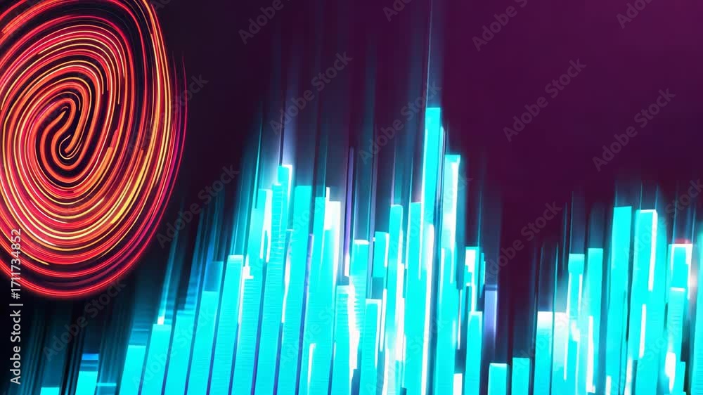 Poster futuristic digital abstract background with glowing blue vertical bars resembling a cityscape and sw