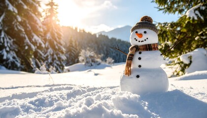 Obraz premium A cheerful snowman stands in a snowy winter landscape with sunlit trees.