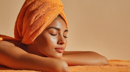 Serene female receiving facial treatment, wearing orange towel, resting peacefully with closed eyes during spa wellness session