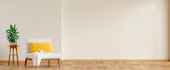 Cozy corner of a modern living room with a white armchair and a plant on a wooden stool- 3D rendering
