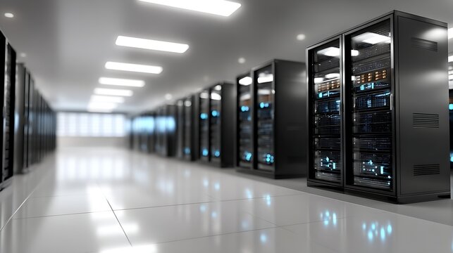 Rows of black server racks with glowing lights inside a futuristic data center.