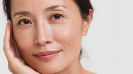 Obraz premium Mature asian woman touching smooth skin, radiating self acceptance, natural elegance, and serene beauty during professional studio photoshoot
