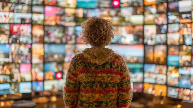 person in a colorful sweater looks at a large wall of glowing screens
