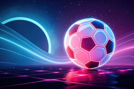 Digital Neon Glow Soccer Ball with Futuristic Background