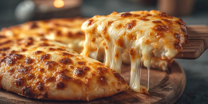 Melted cheese pizza slice on wooden board