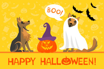 Happy Halloween greeting card. Shepherd dog in Halloween costume. Halloween Dog Design Bundle. Set of dogs wearing costumes. Cute Pets dressed for carnival party cartoon.  for banner, sticker label
