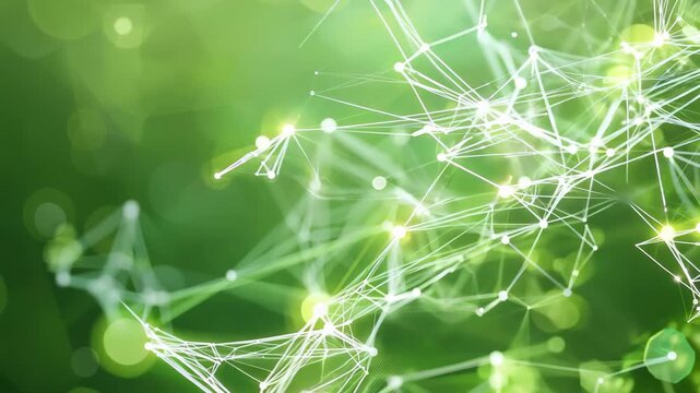This image features an abstract green background showcasing network connections and light spots, symbolizing technology, innovation, and connectivity in a vibrant setting.