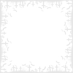 Gray silhouettes of tombstones, crosses and gravestones. Elements of cemetery. Graveyard panorama. Halloween party scary background. Frame isolated on White background.  Vector illustration