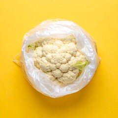 Cauliflower in plastic bag on yellow background