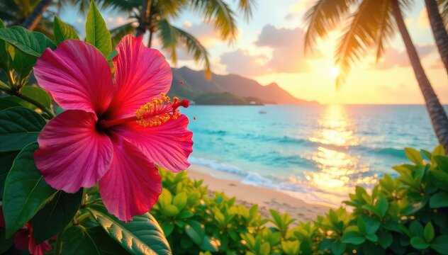 Fototapeta Sun-drenched hibiscus flowers, vibrant green foliage, and a tranquil ocean scene evoke the essence of a Hawaiian sunrise Perfect for travel, tropical, or summer themes , plant, vibrant, leaves