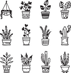 Potted plants vector set: hand-drawn houseplants, cacti, and succulents illustrations eps silhouette