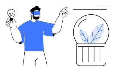 Man wearing VR headset pointing at eco-themed glass globe with leaves, holding light bulb. Ideal for technology, sustainability, innovation, energy, future, creativity education. Simple flat