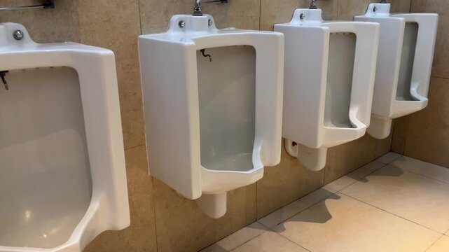 Row of clean white urinals in modern public restroom with tiled wall, sanitary bathroom interior design, hygiene and plumbing concept, video camera moving right to left