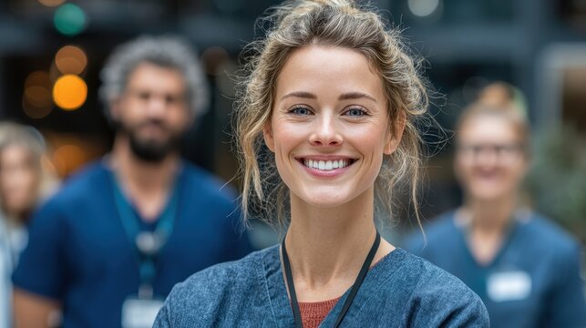 Smiling female doctor stands with medical team in hospital, wearing blue scrubs and stethoscope, feeling happy and confident about providing health care