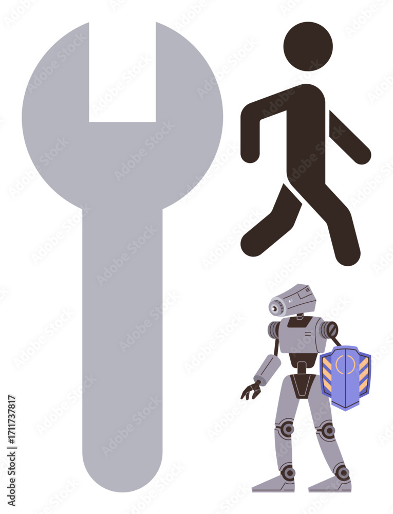 Poster human walking figure, robot holding shield, and wrench. ideal for innovation, robotics, teamwork, te