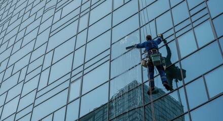 Professional window cleaner meticulously washing the facade of a skyscraper