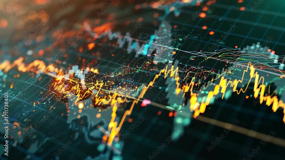 Poster dynamic abstract visualization of financial data trends using vibrant colors and tech graphics. idea