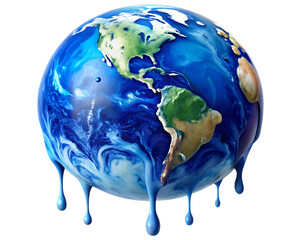 Blue and white planet with a blue liquid dripping from it isolated on white background ,PNG. AI Generated.