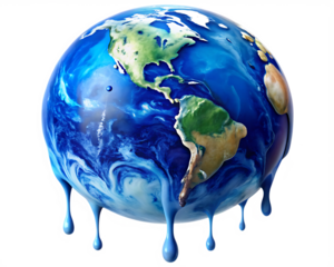 Blue and white planet with a blue liquid dripping from it isolated on white background ,PNG. AI Generated.