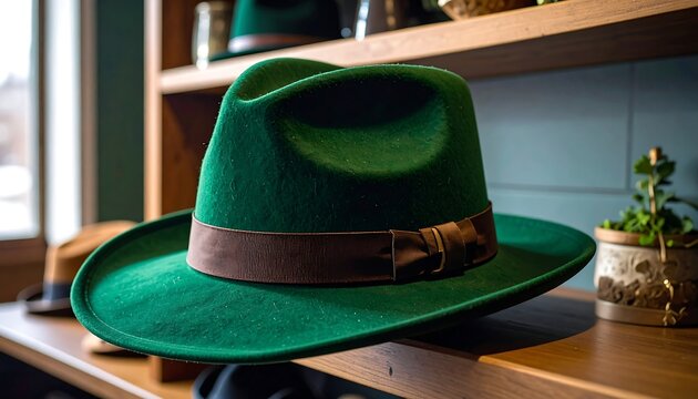 Green fedora on shelf