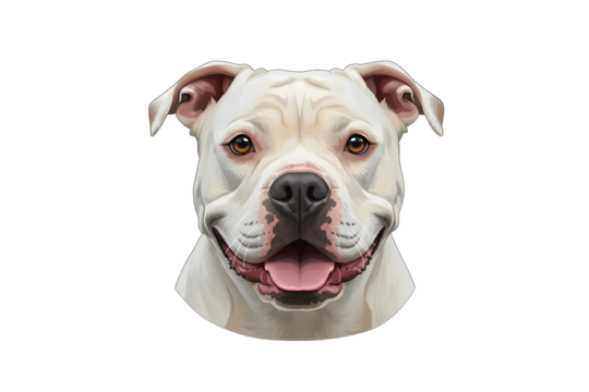 White American Bulldog with pink tongue out, happy expression, detailed facial features, isolated on transparent background