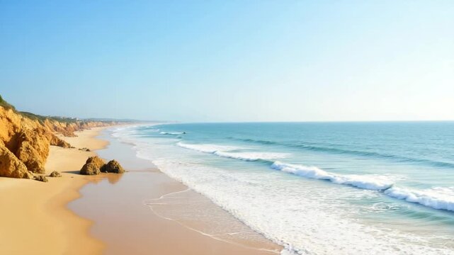 Arenosillo beach, located in Huelva, Spain. Explore the serene beauty of this coastal paradise with its sunlit sandy shores and the rhythmic ebb and flow of the Atlantic Ocean.