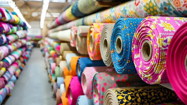 Vibrant display of fabric rolls stacked in a textile warehouse, showcasing various colors and patterns ideal for crafts, sewing projects, and creative inspiration.